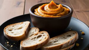 une bolinette de tartinade potiron miel gingembre servie sur une assiette noire avec beaucoup de pain