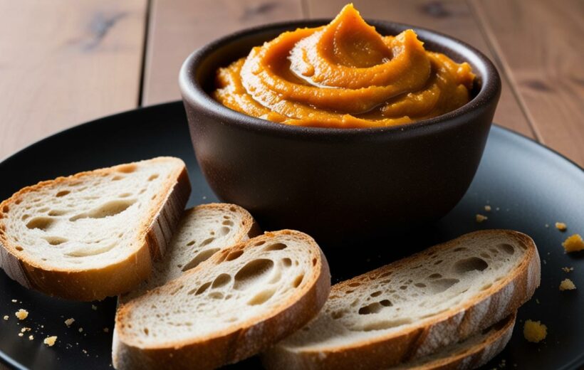 une bolinette de tartinade potiron miel gingembre servie sur une assiette noire avec beaucoup de pain