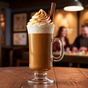 un pumpkin spice latte dans un grand verre avec du sirop monin dans un bar à jeux de scoiété