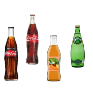 Bouteilles en verre de Coca-cola, Coca-cola 0, fuze tea et perrier