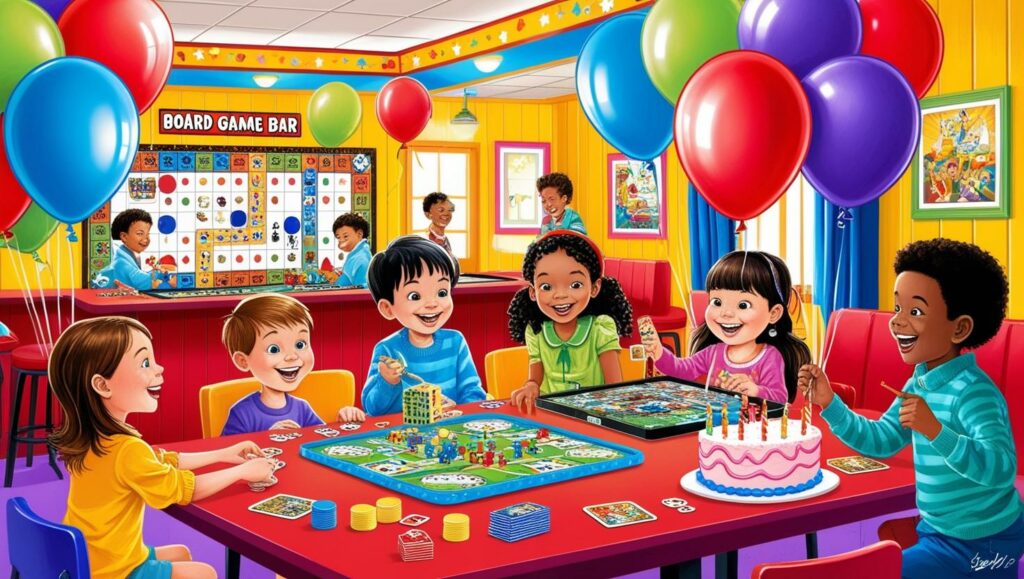 dessin anniversaire d'enfants dans un bar à jeux de société